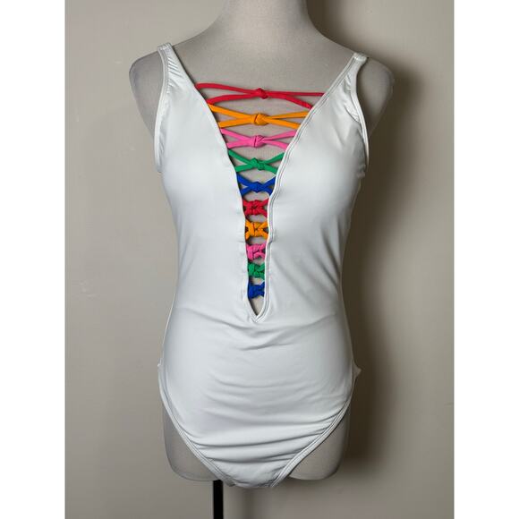 Bleu Rod Beattie One Piece Swimsuit Size 10 Plunge V-Neck White Colorful Rainbow - Picture 1 of 9